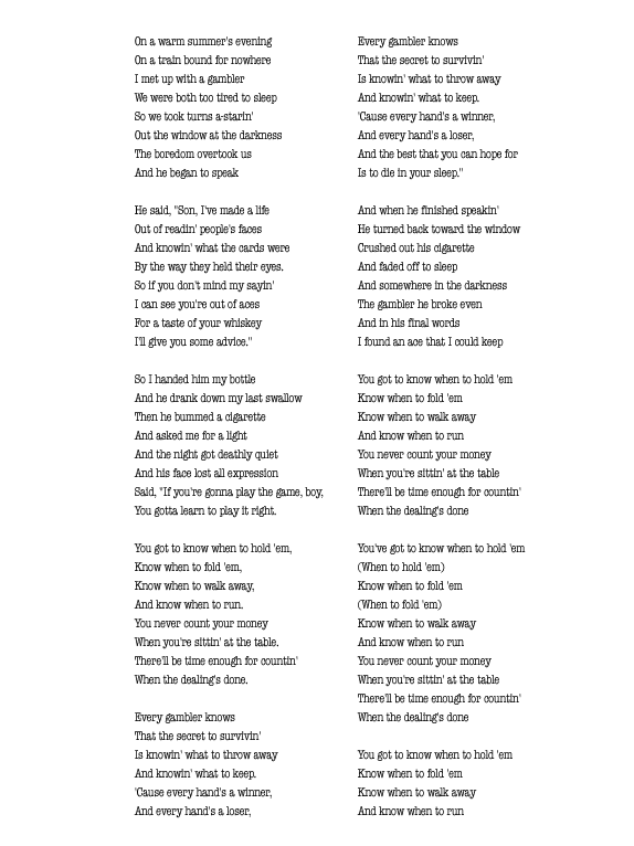 The Gambler Lyrics to Live By YUCKS Enterprises